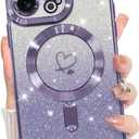 Bonoma Compatible with iPhone 13 Pro Case Support for MagSafe, Plating Heart Glitter Magnetic 2* Screen Protector TPU Camera Protection Back Cover for Girls Women - Purple