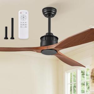 52" Ceiling Fans Without Lights, Flush Mount Ceiling Fan with Remote Control,Modern Outdoor Ceiling Fans with 2 Downrods 6-Speeds Reversible DC Motor for Patio Bedroom Living Room (Walnut)