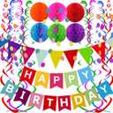 Fecedy Happy Birthday Banner With Colorful Paper Flag Bunting Paper Circle Confetti Garland Swirl Streamers Honeycomb ball for Birthday Party Decorations