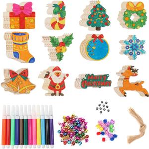 60pcs DIY Wooden Christmas Ornaments, Unfinished Wood Xmas Decorations Paintable Christmas Tree Ornaments for Christmas DIY Crafts