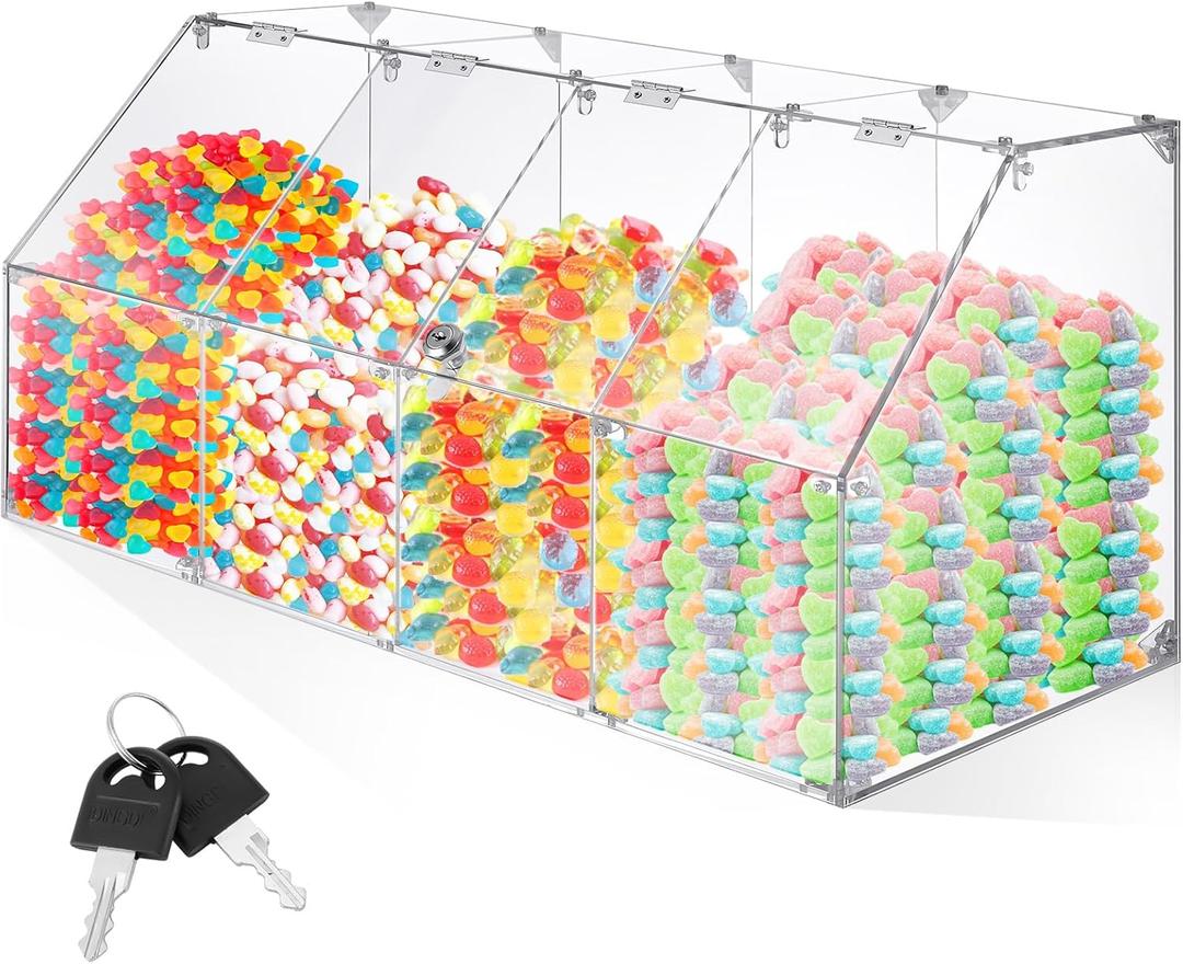 4 Tier Acrylic Candy Bin Clear Partitioned Dry Food Display Spices Container Transparent Retail Donut Cookie Bin Compartments Display for Candy Chocolate Cereal Bean Knock Down