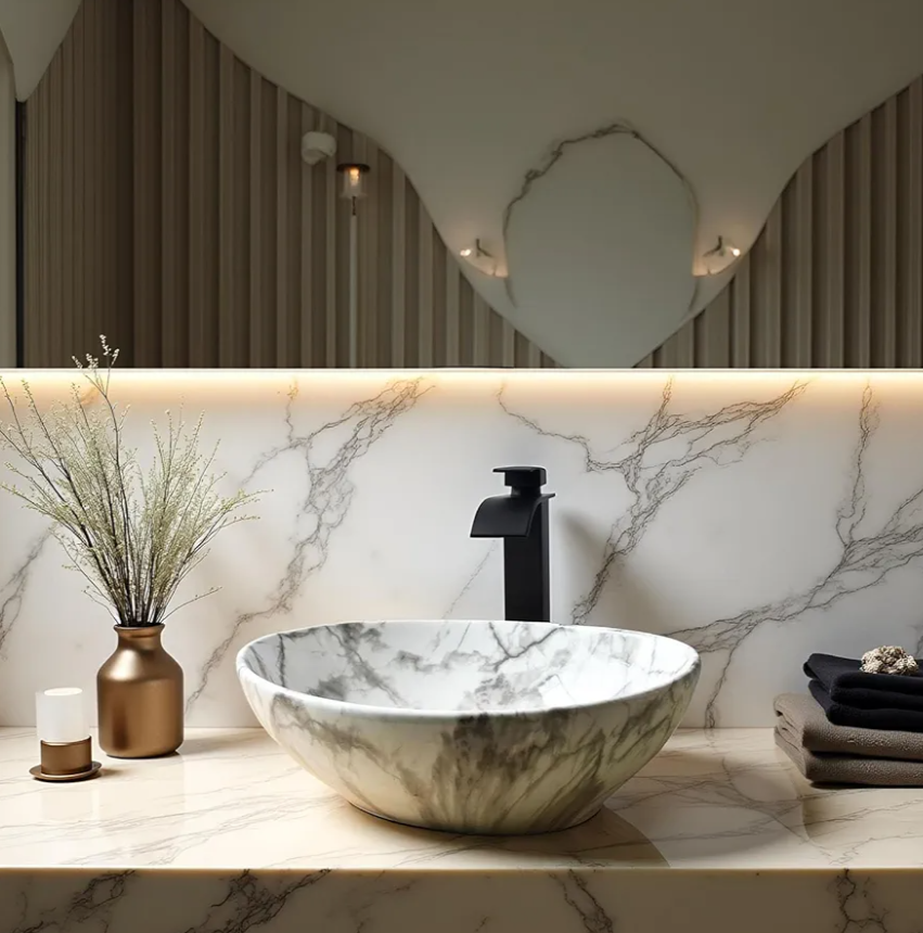 Bathroom Vessel Sink Oval Ceramic Sink with Waterfall Faucet and Drain Combo 16 Inch Marbling White Vessel Sink for Above Counter Artistic Bowl Sink