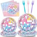 96Pcs Singer Plates and Napkins Disco Ball Party Decorations Colorful Disco Ball Dessert Plates Music Themed Birthday Tableware for 24 Guests Music Lover Birthday Wedding Anniversary Party Supplies