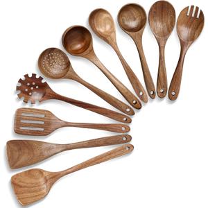 HAKSEN Wooden Spoons for Cooking, 10PCS Natural Acacia Wood Kitchen Utensils Set, Wooden Utensil Set for Nonstick Cookware, Smooth Finish, Sturdy & Durable