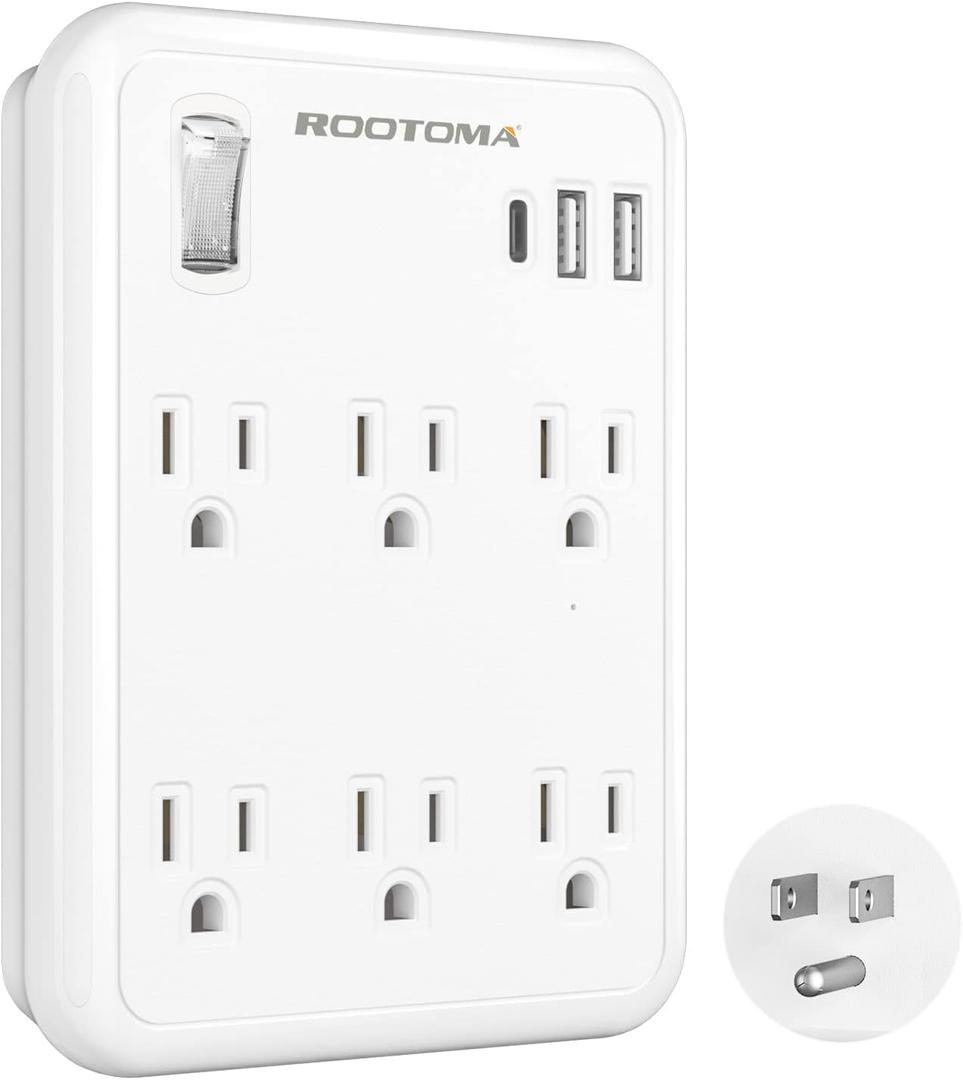 USB Wall Outlet Extender with On Off Switch, surge protector outlet,6 AC Multi-Plug Outlet with 3 USB Ports (1 USB C), 490 Joules, Flat outlet splitter with Spaced Outlet for Home, Office, College