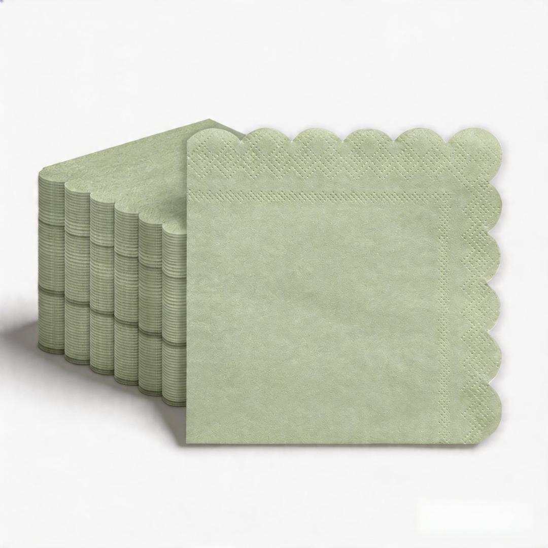 Yinbanban 100Pcs Sage Green Scalloped Cocktail Napkins, 5 Inch Disposable Paper Napkins for Wedding, Birthday, Party, Holiday