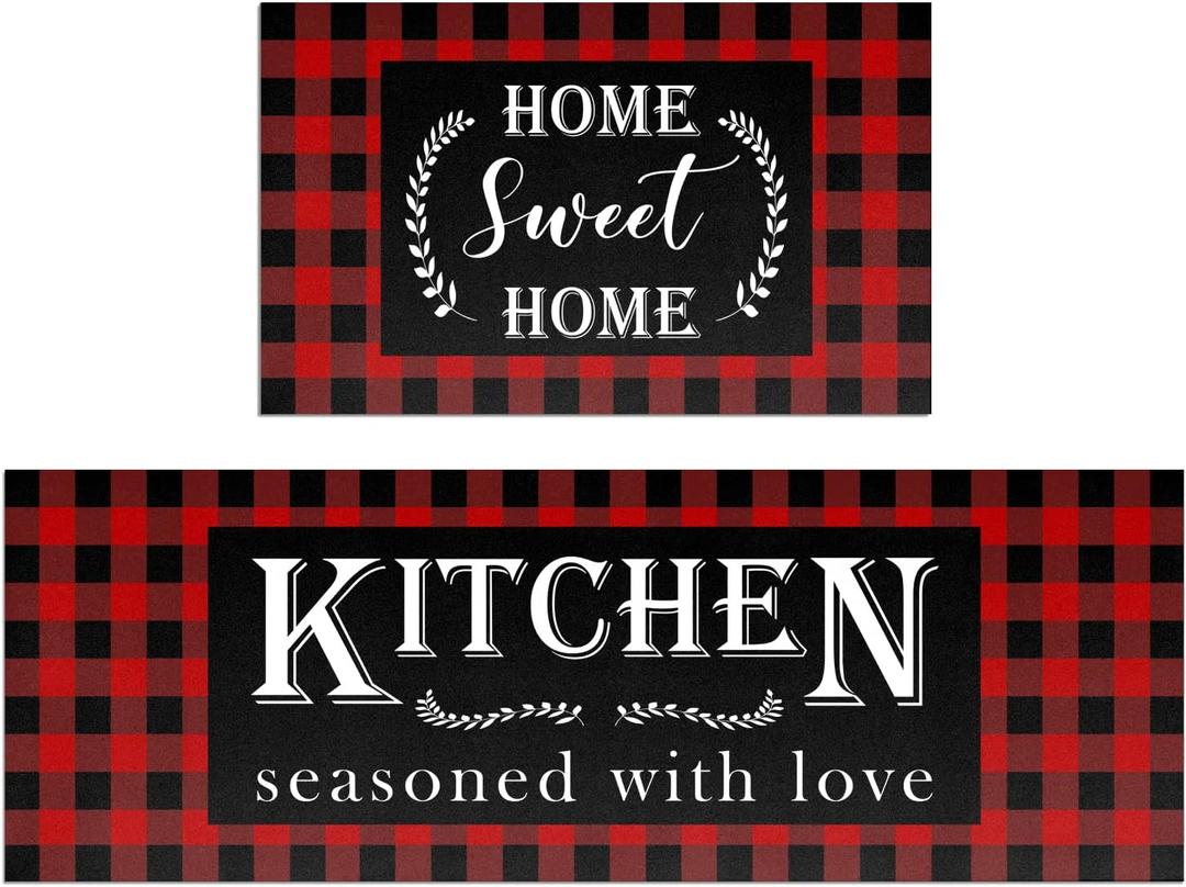 Red Buffalo Plaid Kitchen Mat Set of 2 Non Slip Thick Kitchen Rugs and Mats for Floor Comfort Standing Mats for Kitchen, Sink, Office, Laundry, 17"x47"+17"x28"