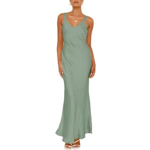 Satin V Neck Maxi Dress for Women Wedding Guest 2026 Summer Formal Elegant Cocktail Sleeveless Long Dresses Backless (Green, XL)