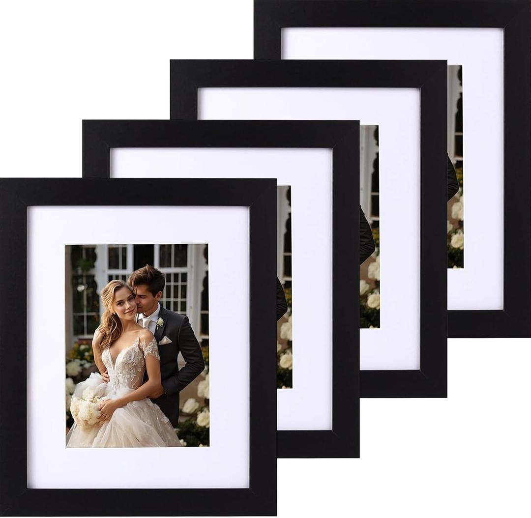 8x10 Picture Frame set of 4, Black Wooden Wide Molding 8 by 10 Photo Frames for Wall or Tabletop, Display 5x7 with Mat or 8x10 Without Mat.