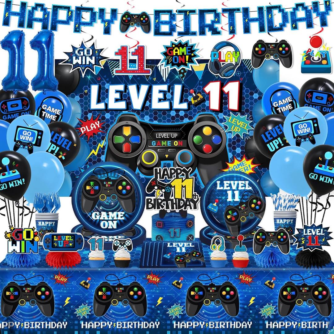 11th Birthday Decorations for Boys,197pcs Gamer Birthday Party Decorations Level 11 Birthday Decorations Plates and Napkins Cups Tablecloth Banner Honeycomb for Video Game Party Decorations