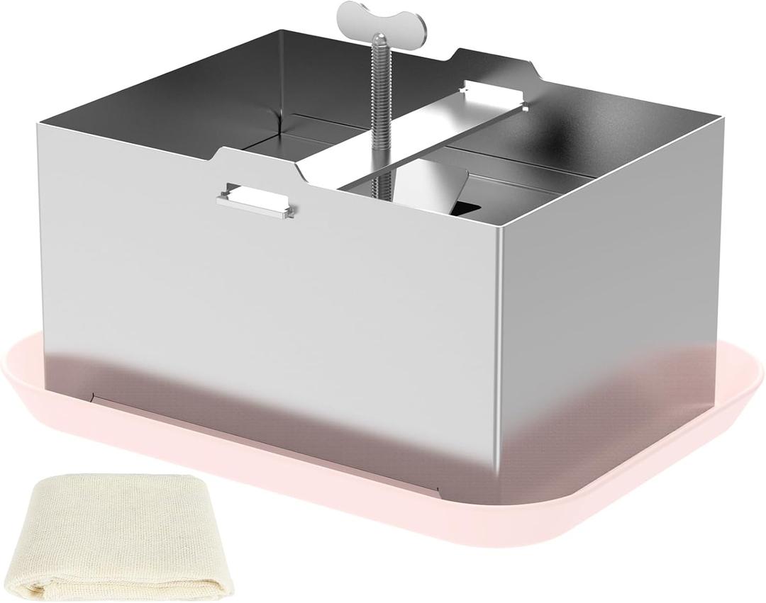 Stainless Steel Tofu Press with Presser Towel & Drip Tray  DIY Tofu Maker for Homemade Firm Tofu, Paneer & Cheese  Effortless Water Removal for Enhanced Texture & Flavor (6.3 x 4.72 Inches, Silver)