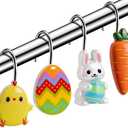 Easter Shower Curtain Hooks Rings12pcs, Rabbits, Carrots, Ducks, Eggs, Cute Bathroom Decor, Bunny Decoration,Rust Proof and Heavy Duty Shower Hanger