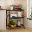 Rolling Kitchen Microwave Cart with 6 Hooks, 3 Tier Utility Cart Storage Table Stand on Lockable Wheels, Small Coffee Shelf Rack Organizer,Black