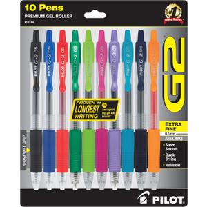 Pilot G2 Premium Retractable Gel-Ink Rolling Ball Pens, Extra Fine Point (0.5mm), Assorted, 10/Pk (14168)