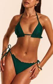SWIMLANCE Women Triangle Halter Thong Bikini Set Ruffle Sexy String Two Piece Swimsuit Bathing Swimwear, Small
