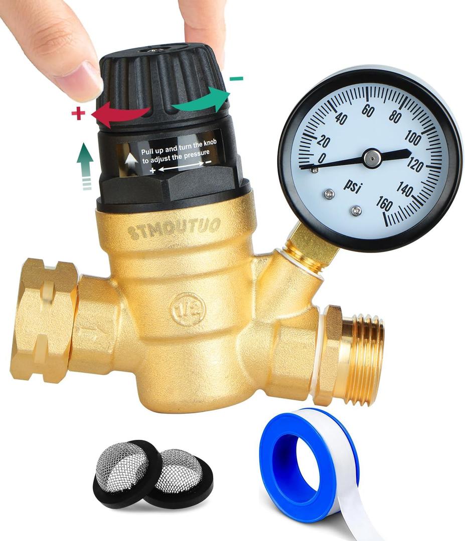 STMOUTUO RV Water Pressure Regulator for RV Camper. Brass Lead-Free Adjustable Camper Water Pressure Regulator with 0-160 PSI Gauge Reducer Valve W FilterPackage includes 1 raw tape for water pipes.