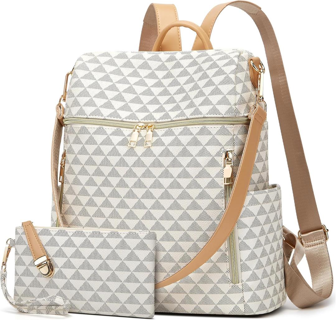 Makes Backpack Purse for Women PU Leather Travel Satchel Handbag Convertible Design Bag with Purse 2 Piece (Beige Triple)