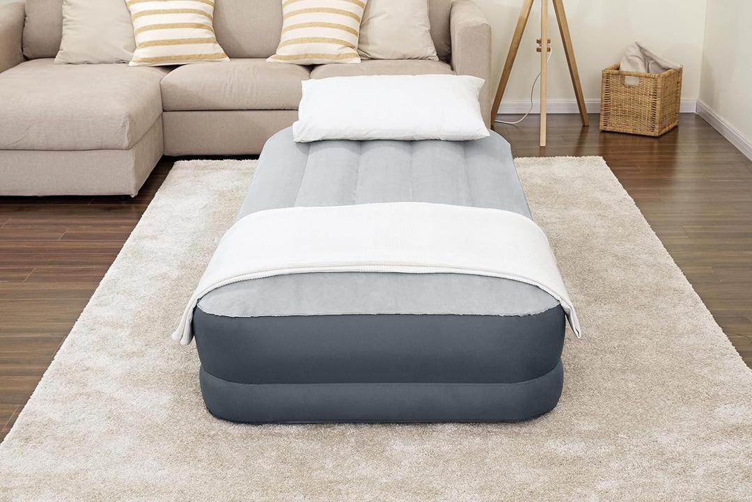 SleepLux Twin Air Mattress Supersoft Snugable Top Extra Durable Tough Guard with Built-in Pillow Raised 15" Airbed with Built in Pump + USB Charger Twin 15", Small, Grey