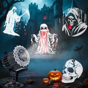 Christmas Projector Lights Outdoor, 3D Halloween Dynamic Rotating Skull Ghost Skeleton Decorations Indoor,Waterproof Holiday Light for Window,2025 Latest Terror Atmosphere Maker for Door,Garage
