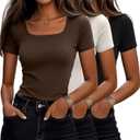 Ficerd 3 Pack Women's Cotton Square Neck Shirts, Short Sleeve Slim Fit Tops Summer Scoop Neck Casual Basic T-Shirts Tee (Large, Black, Dark Brown, Cream)