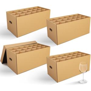 Feifeiya 4 Pack Wine Glass Moving Boxes Kitchen Moving Boxes with Handle Kitchen Kit with Lid for Dish Glassware (Brown,24 x 12 x 11 Inches)