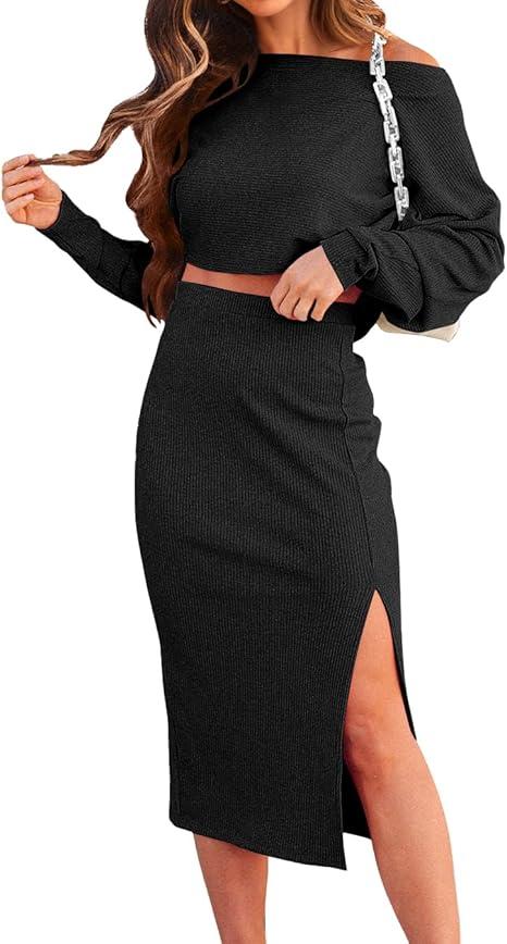 Dowerme Women's 2 Piece Outfits 2025 Spring Long Sleeve Boat Neck Tops High Slit Bodycon Midi Ribbed Knit Skirt Sets , Size XL