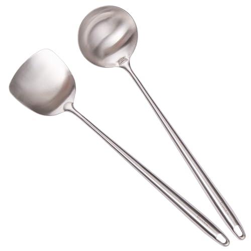 17” Wok Spatula and Ladle - 304 Stainless Steel Wok Tools Set, 2-Pieces Extra Long Handle Cooking Tools, All Metal Wok Utensils and Wok Accessories for Cast Iron/Carbon Steel Wok