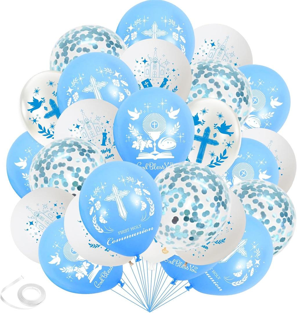 First Holy Communion Balloons Decorations - Blue First Communion Balloon Set with Cross Dove and Confetti Balloons, Christening Baptism Confirmation Party Supplies
