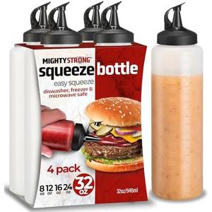 MIGHTY STRONG Condiment Squeeze Bottles - 32 Oz Squirt Bottles for Liquids, Easy Pour Sauce Bottles with Leak Proof Snap Cap 4 count