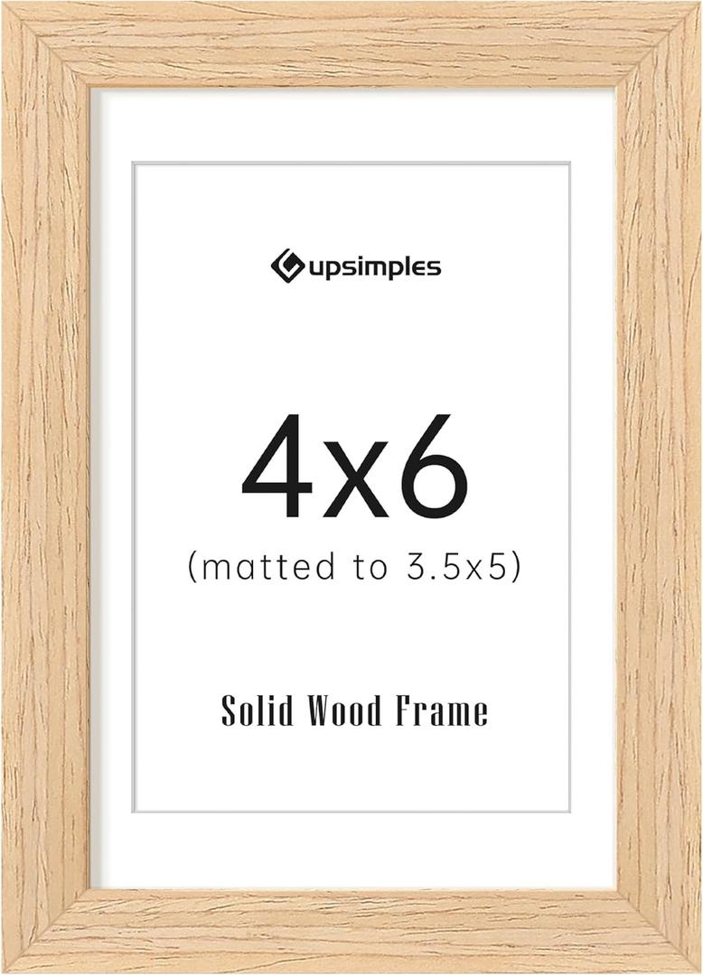 Upsimples 4x6 Picture Frame, Natural Solid Wooden Picture Frames, Display 3.5x5 with Mat or 4 x 6 Without Mat, Wall or Tabletop, 1 Pack, Natural