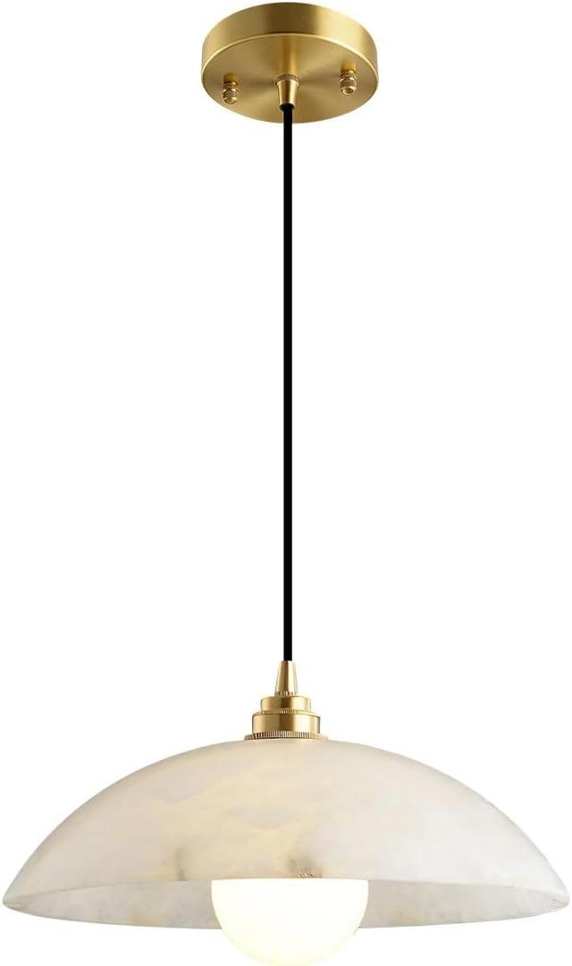 15.7in Alabaster Pendant Light Gold Brass Chandelier for Kitchen | Hanging Ceiling Light, Dining Room, Bedside, Over Table, Marble Stone, Contemporary, Luxury, Hanging Lights, Light Fixtures