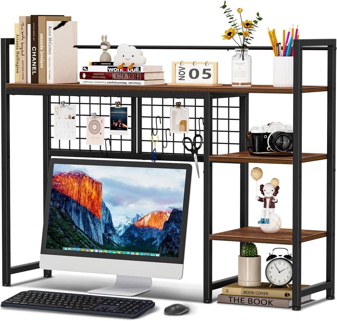 Snughome Desk Shelf, 38.6" Desktop Organizer Shelf, Desk Hutch for Computer Monitor, 4 Tier Desk Display Rack with Pegboard Hooks Set, Wood Desktop Bookshelf for Home Office Dorm (Rustic Brown)