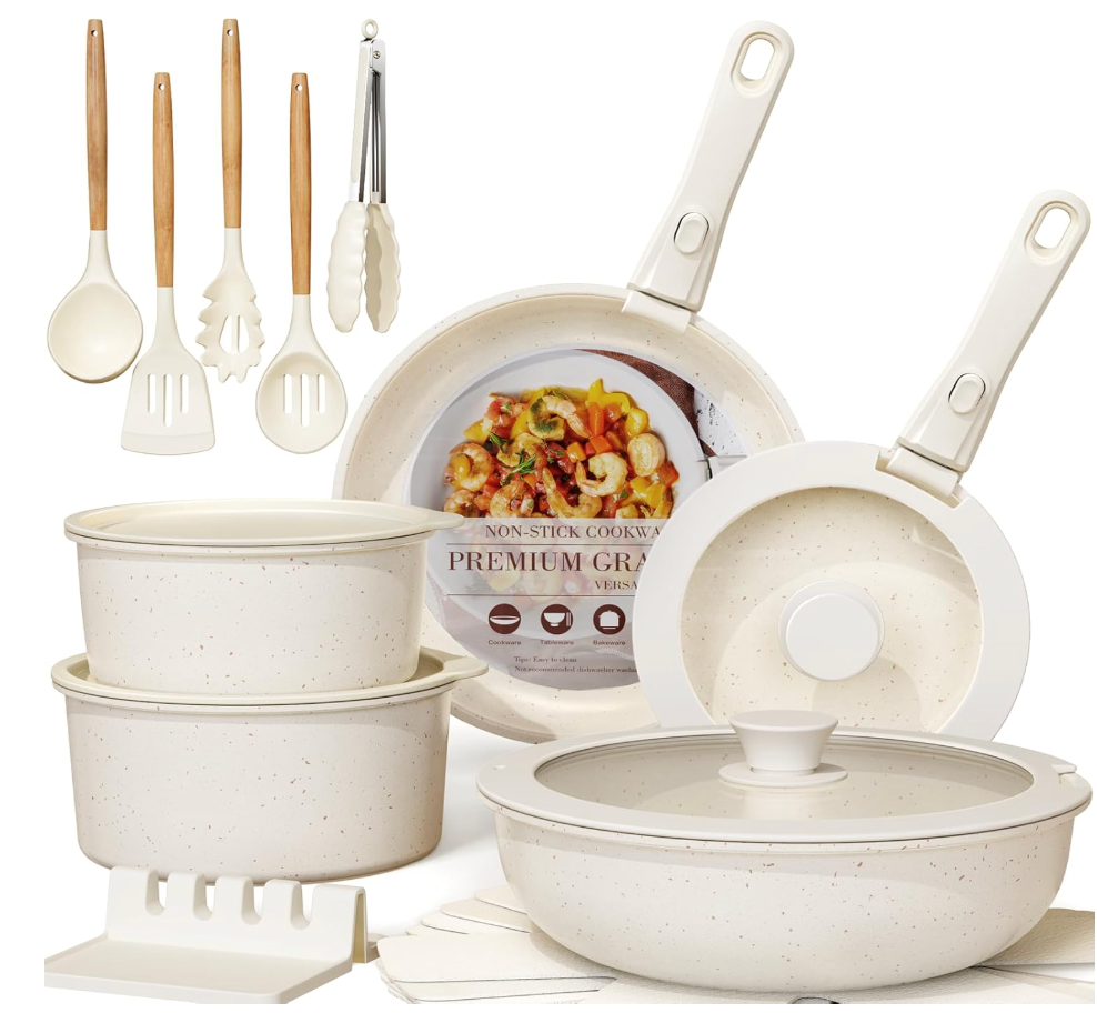 Astercook Ceramic Nonstick Cookware 21 Pcs Pots and Pans Set, Detachable Handle, RV Kitchen Non Stick Cooking Set Removable Handles, Oven Safe, Induction Ready, Stackable, Cream White