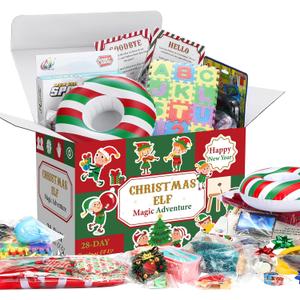 Elf Kit 24+4 Days of Christmas 2025, 28 Days of Elf Magic Kit, Holiday Advent Calendar, Xmas Countdown Box Include Daily Elves Scene Prop, Card Accessories for Christmas Decor(Stripe)