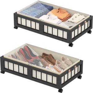 efluky 2-Pack Bamboo Under Bed Storage Containers with Wheels, Under Bed Clothes Storage Basket with Large Dust Bag, Rolling UnderBed Storage for Bedroom, Dorm and Basement, Black (23.6''L x 16.54''W x 7.5''H)