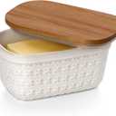 Nucookery Ceramic Butter Dish, Embossed Butter Keeper with Wood Lid for Countertop, Butter Holder and Container with Double Silicone Seal (Cross Pattern)