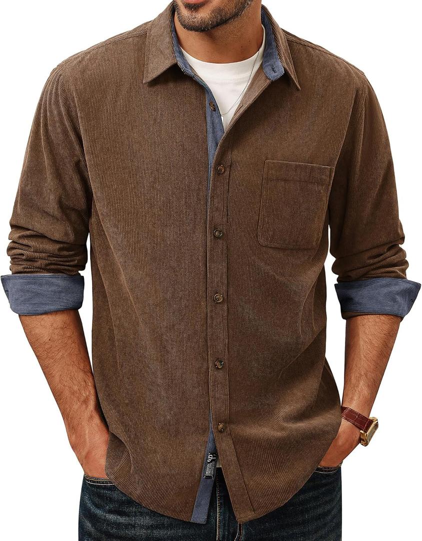 PJ PAUL JONES Men's Corduroy Button Down Shirt Long Sleeve Casual Collared Wrinkle Free Untucked Shirts with Pocket (Brown, L)