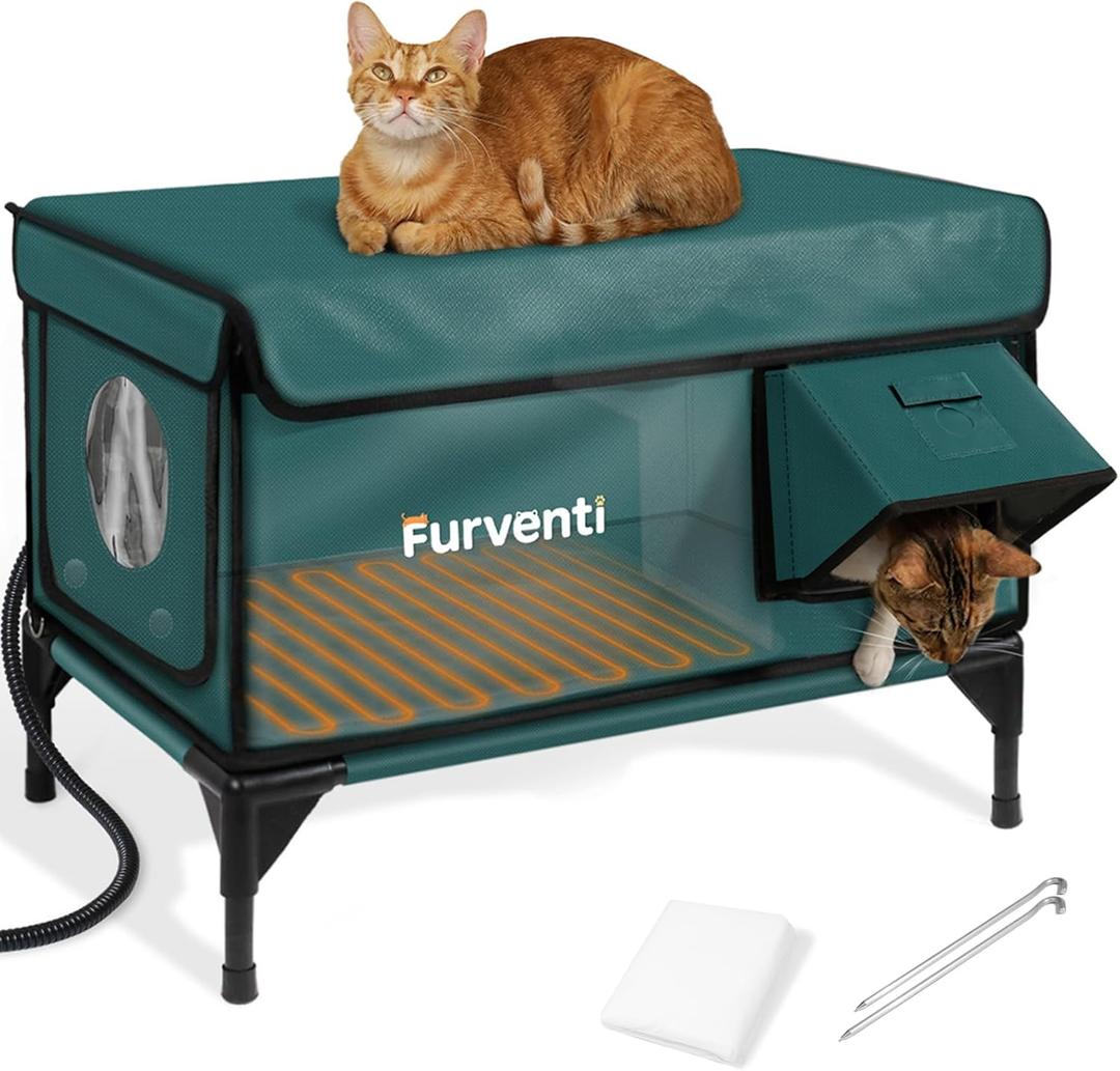 Heated Cat House for Outside,Dual Camera Mounts,100% Weatherproof & Extremely Insulated,Elevated Feral Cat Shelter with Escape Door,Waterproof Eaves for Outdoor Stray Barn Cat(Dark Green,M) (23.6"L x 16.5"W x 18.5"H)