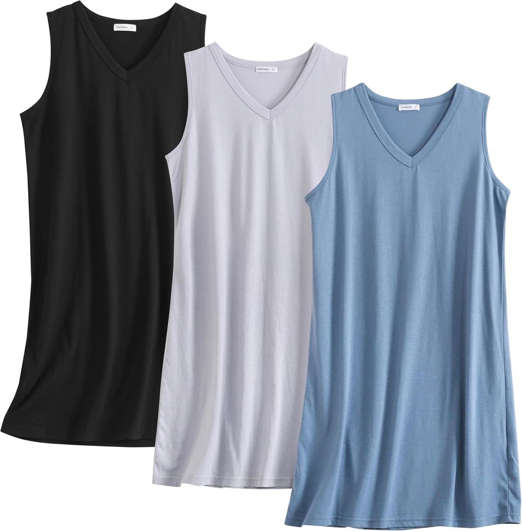 PNAEONG 3 Pack Womens Cotton Nightgown V Neck Nightshirts Sleeveless Sleepwear Casual Print Sleepdress (X-Large, C Black+c Coffee+c Good Night)