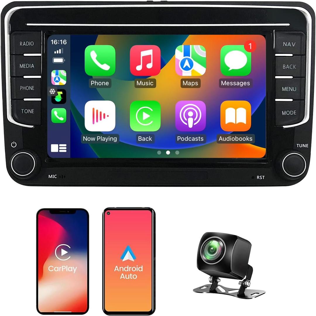 Car Radio for VW Volkswagen Seat Golf Passat Jetta Beetle Tiguan Touran EOS 7" Touchscreen Bluetooth Stereo with Apple CarPlay Android Auto GPS Navigation WiFi FM Backup Camera