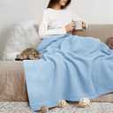 THREAD SPREAD Organic GOTS Cotton Blanket, Full/Queen - 350 GSM, Antistatic, Fuzzy Soft, Lightweight, Sofa, Camping & Travel, Perfect Herringbone All Seasons Throw, Light Blue with Free Tote Bag