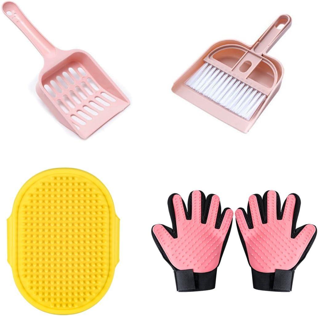 4 Packs: Cat Litter Scoop, Pet Bath Brush, Cat Bath Gloves, Pet Cleaning Tools Mini Broom Set. Dog Cat Supplies (Pink Yellow)
