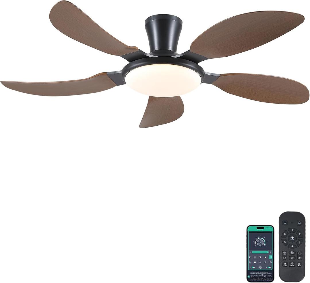 PHORUS 52" Low profile Ceiling Fans with Lights and Remote,Modern Flush Mount Ceiling Fans with Quiet Reversible DC Motor, Dimmable 3 Colors 6 Speeds (Brown)