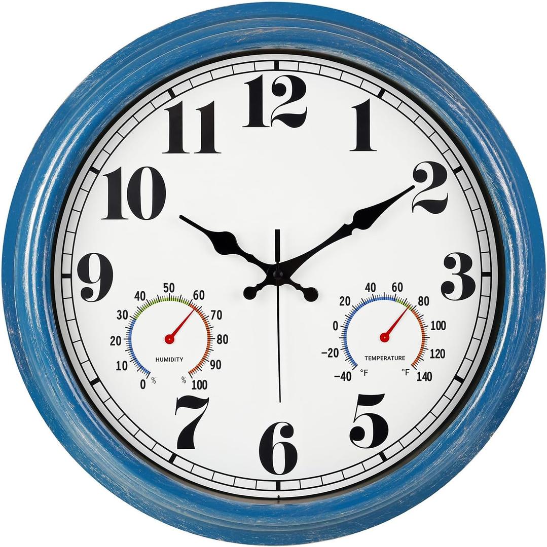 JENLYSTIME 16 Inch Blue Vintage Waterproof Indoor/Outdoor Wall Clock with Thermometer & Hygrometer, Large Numerals & Silent Sweep Movement - Ideal for Porch, Garden, Pool, Bathroom