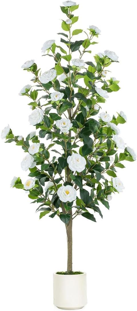 BLOSMON Artificial Trees for Home Decor: Indoor 4.9ft Tall Fake Plants Outdoor Camellia Flowers Tree for Front Porch - Faux White Rose Plant with Pot for Living Room Door Patio Deck Yard