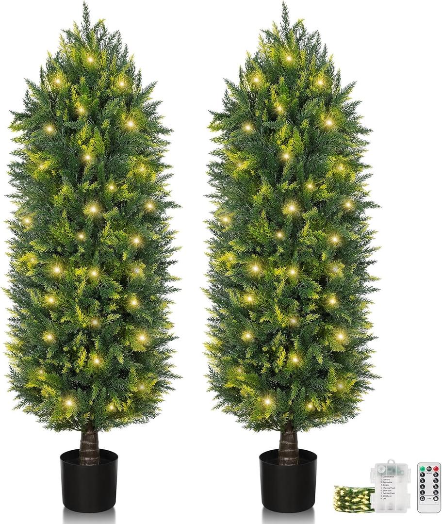 4ft Artificial Cedar Topiary Trees, Realistic Faux Cedar Pines for Outdoor Front Porch Dcor - Pre Potted Cypress Shrubs UV Rated Fake Plants for Indoor and Outdoor Use