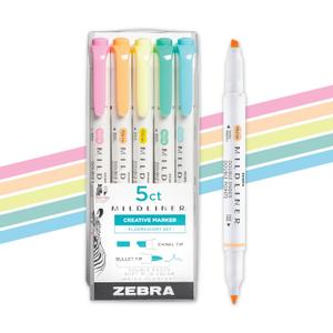 Zebra Pen Mildliner Dual-Tip Highlighter Marker Set, Broad and Fine Point Tips, No Bleed, Ideal for Bible Highlighting, Journaling and Note-Taking, Assorted Fluorescent Ink Colors, 5-Pack (78105)