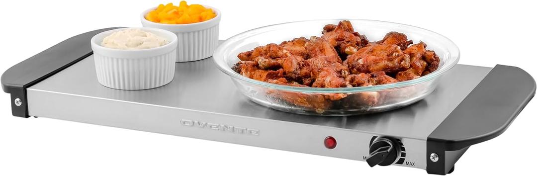 OVENTE Electric Warming Tray with Adjustable Temperature Control, Compact Food Warmer & Server for Buffets, Parties, Events, and Dinners, Cool-Touch Handles, Stainless Steel, Silver FW170S
