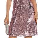 FEMI SEMI Women's Crewneck Sequin Shift Dress Short Sleeve Casual Holiday Sparkly Party Dress (Pink, L)