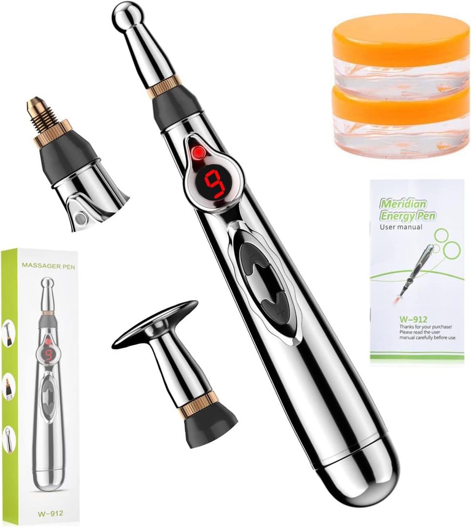 3-in-1 Massage Acupuncture Pen, Electronic Pain Relief Therapy, Meridian Energy Massager Pen Self Massage Tools Muscle Healing with Massaging Gel (Copper)